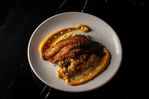 A delicious catfish dinner with Mediterranean style couscous and butternut squash puree